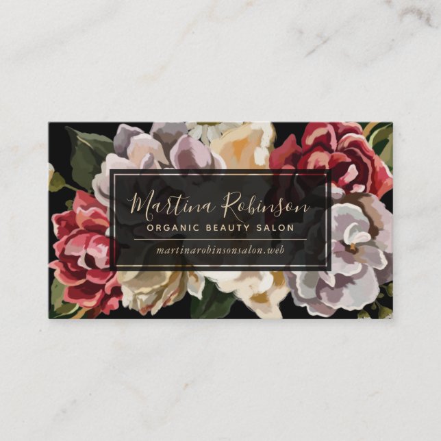 Colourful Painted Floral on Black Business Card (Front)