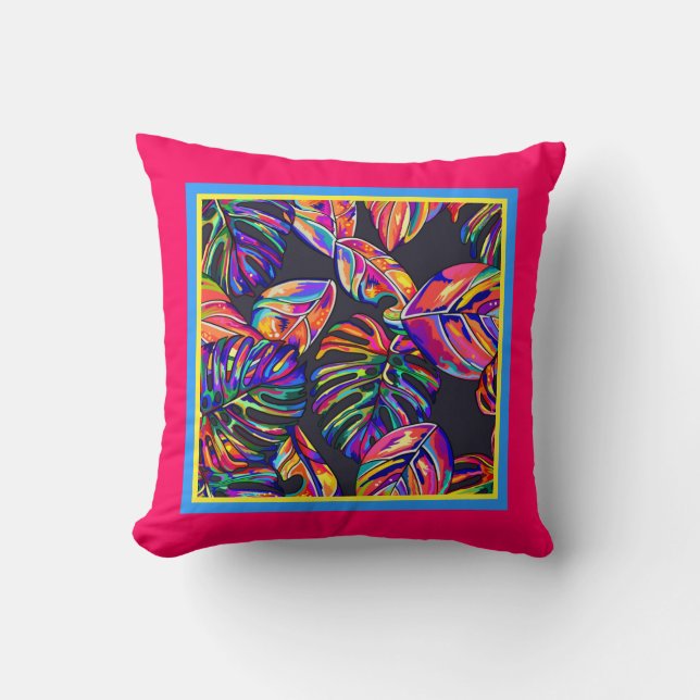 Colourful painted leaves on black w/ pink border cushion (Front)