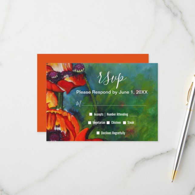 Colourful Painted Orange Poppies Wedding RSVP Card (Front/Back In Situ)