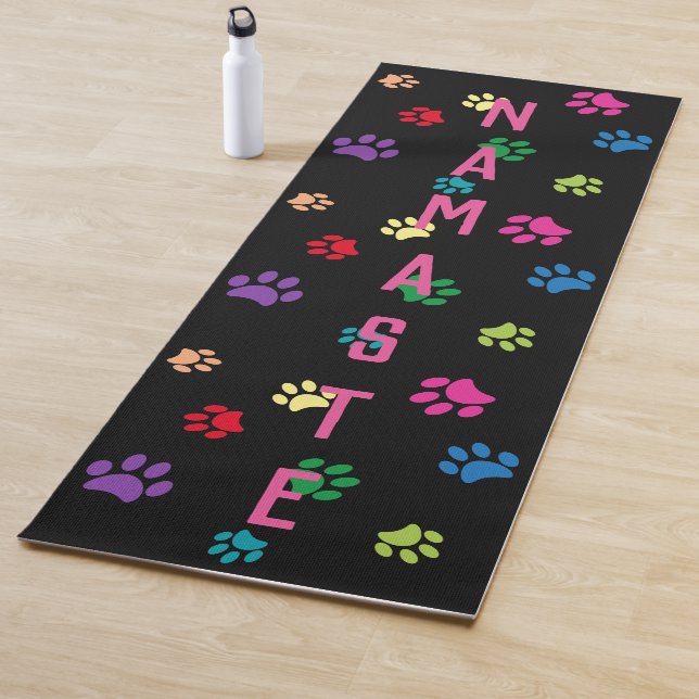 Colourful Painted Paw Prints Namaste & Name Black Yoga Mat (In Situ)