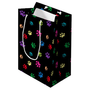 Colourful Painted Paw Prints on Black Medium Gift Bag