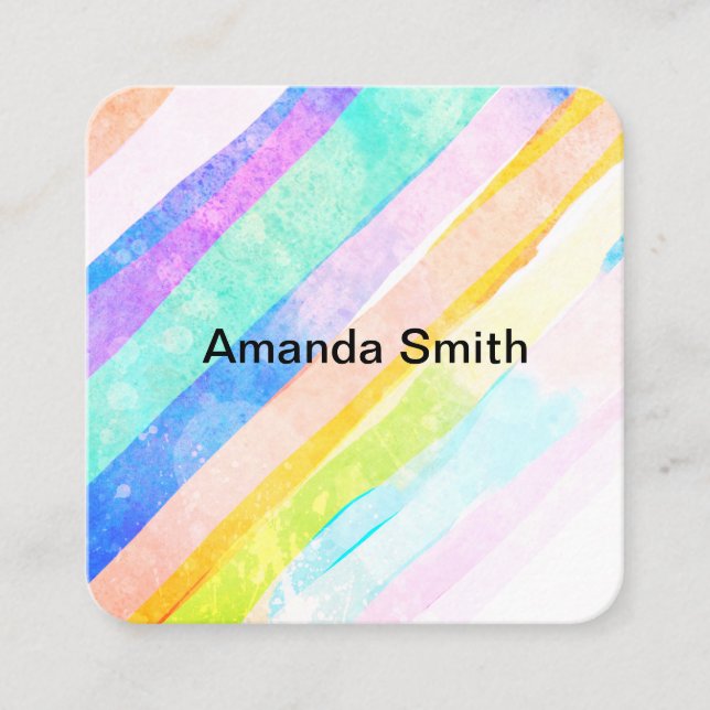colourful painted stripes watercolor style modern square business card (Front)
