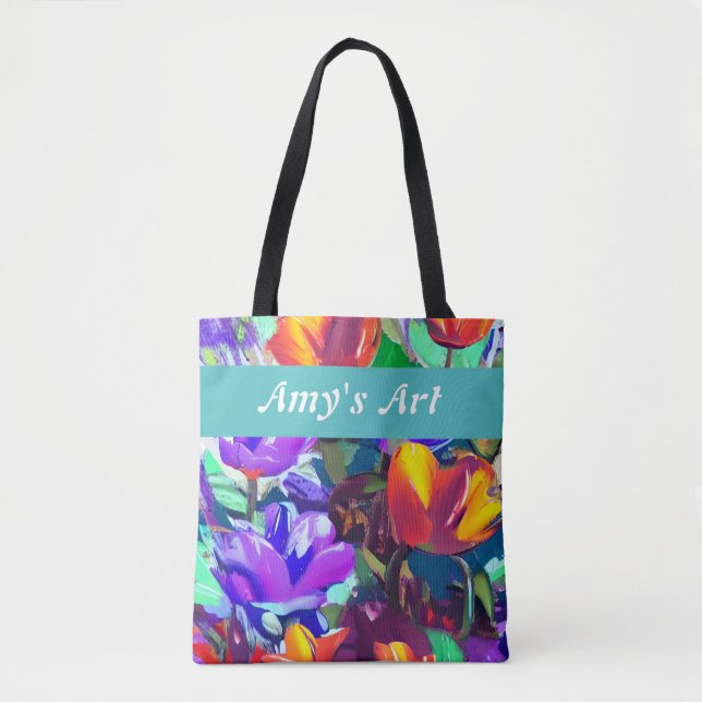 Colourful painted tulips, personalizable tote bag (Front)