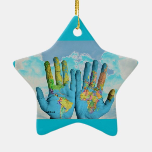 Colourful Painted World Map in Hands, Art Photo Ceramic Ornament (Back)