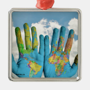 Colourful Painted World Map in Hands, Art Photo Metal Ornament