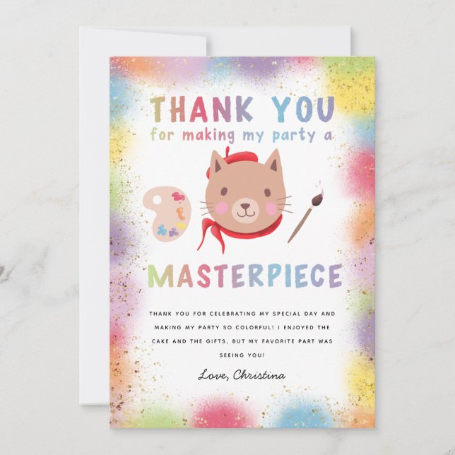 Colourful Painting Birthday Party Kitty Cat Thank You Card (Front)