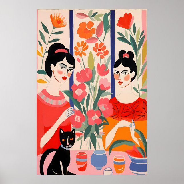 Colourful Painting of Two Ladies Drinking Tea Poster (Front)