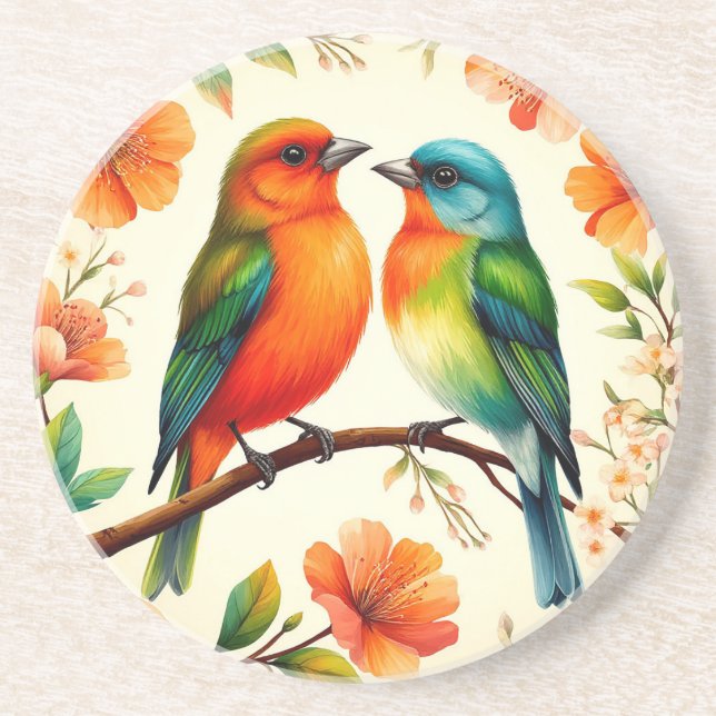 Colourful Pair of Birds Sitting Amid Vibrant Bloss Coaster (Front)