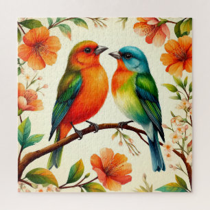 Colourful Pair of Birds Sitting Amid Vibrant Bloss Jigsaw Puzzle