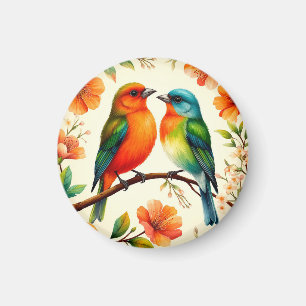 Colourful Pair of Birds Sitting Amid Vibrant Bloss Magnet
