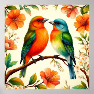Colourful Pair of Birds Sitting Amid Vibrant Bloss Poster