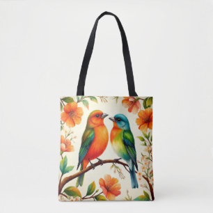 Colourful Pair of Birds Sitting Amid Vibrant Bloss Tote Bag