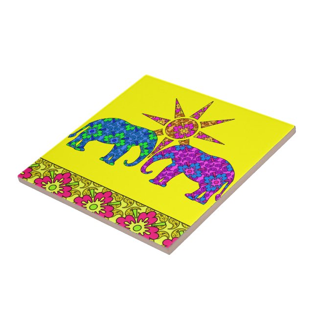 Colourful Paisley Elephants Tile Trivet (Side)