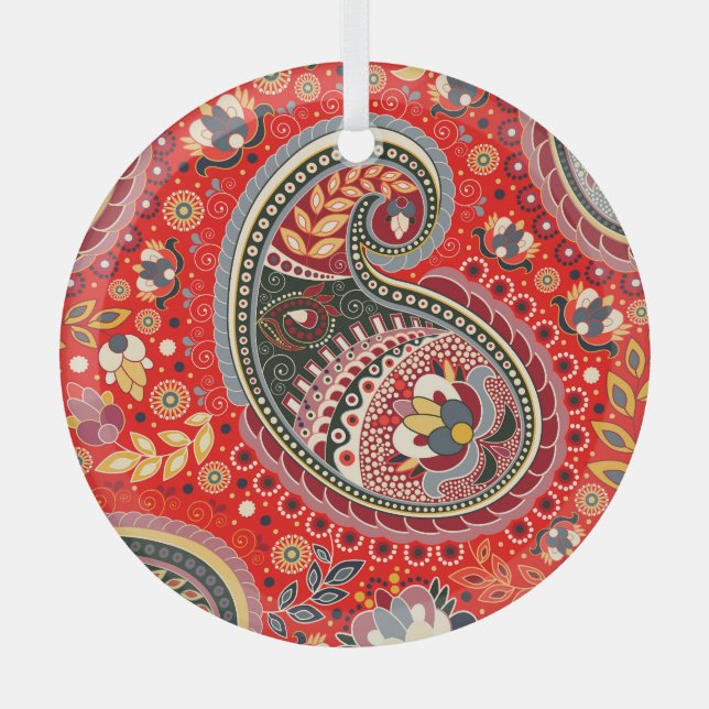 Colourful Paisley Indian Seamless Pattern Glass Tree Decoration (Front)