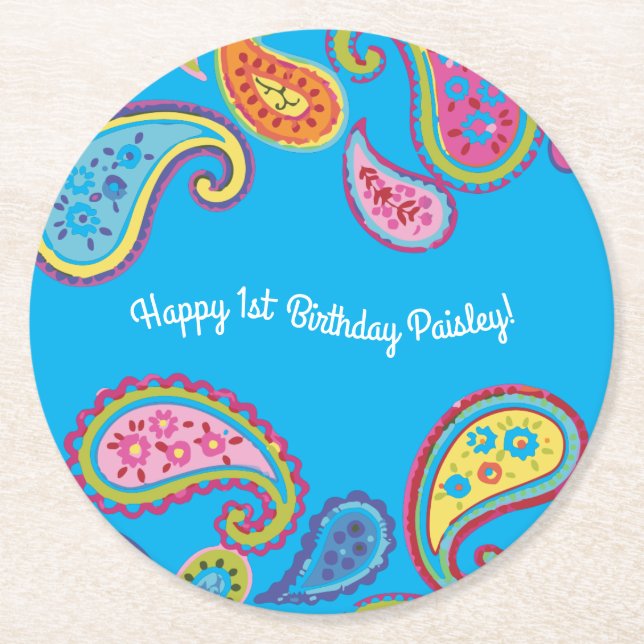 Colourful Paisley Kids Birthday Party Round Paper Coaster (Front)