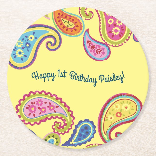 Colourful Paisley Kids Birthday Party Round Paper Coaster (Front)