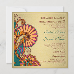 Colourful Paisley Pattern on Gold Indian Wedding Invitation