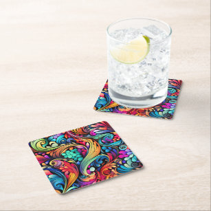 Colourful Paisley Pattern Square Paper Coaster