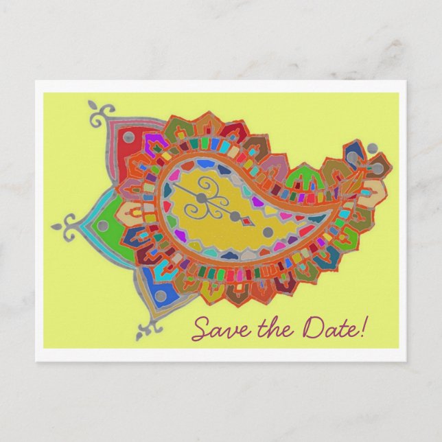 Colourful Paisley Save the Date Postcard (Front)