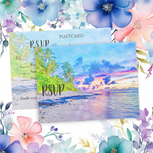 Colourful Palm Beach Sunset Watercolor RSVP Invitation Postcard