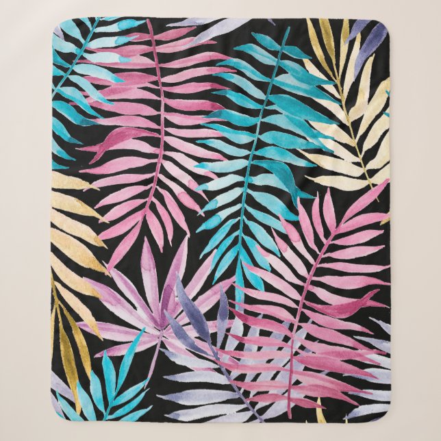 Colourful palm leaves pattern sherpa blanket (Front)