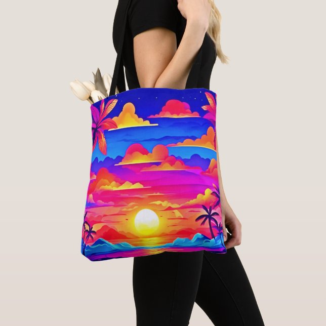 Colourful Palm Tree Sunset Tote Bag (Close Up)