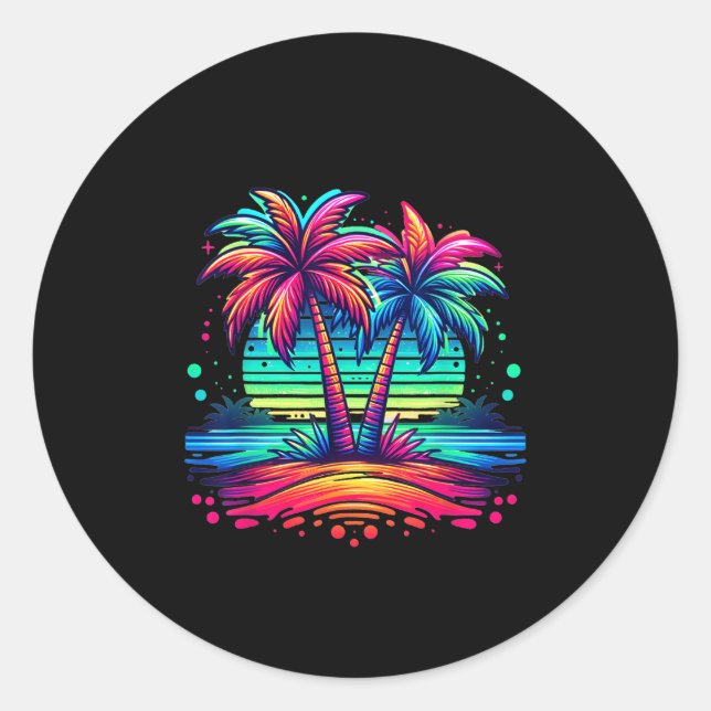 Colourful Palm Trees Beach Neon Beach Funny Vacati Classic Round Sticker (Front)