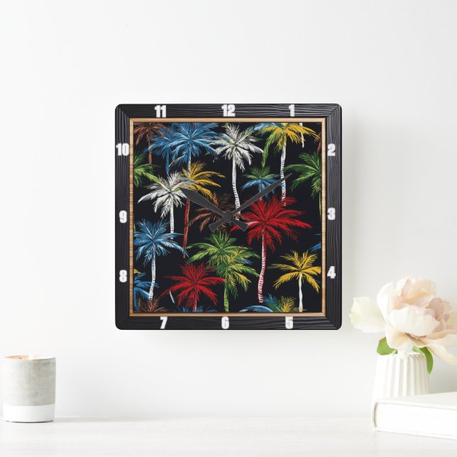Colourful Palm Trees Black  Square Wall Clock (Home)
