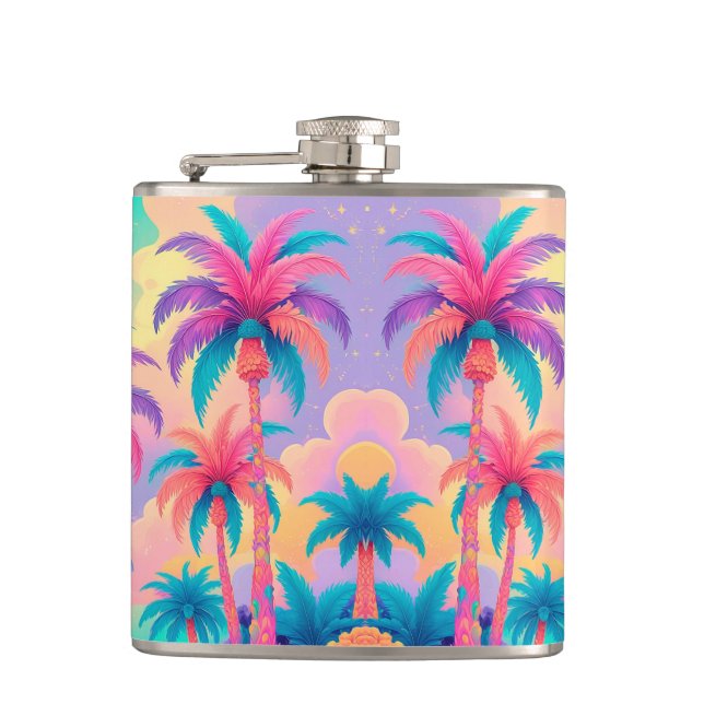 Colourful Palm trees Hip Flask (Front)