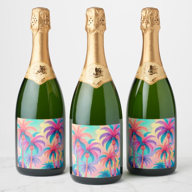 Colourful Palm trees Sparkling Wine Label (Bottles)