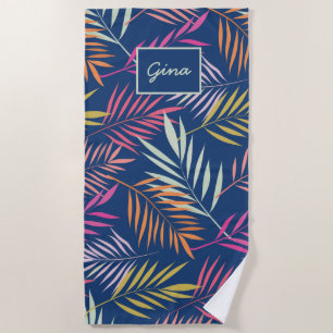 Colourful Palm Tropical Leaves on Dark Blue Beach Towel