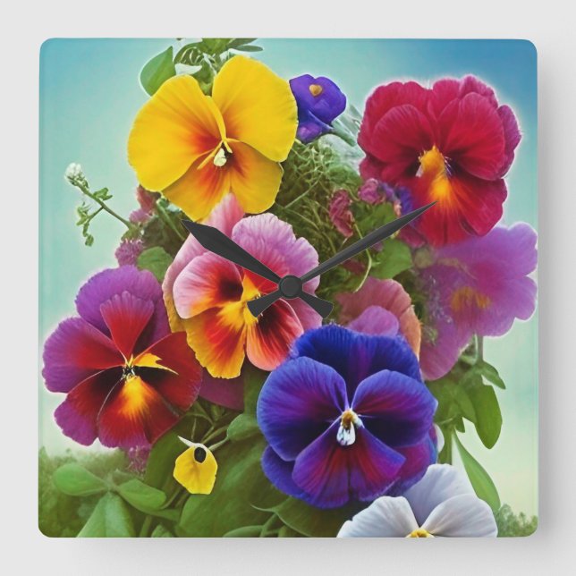 Colourful Pansies -AI ART Square Wall Clock (Front)