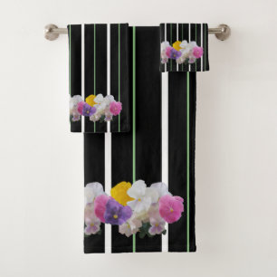 Colourful Pansies And Bold Stripes Bath Towel Set