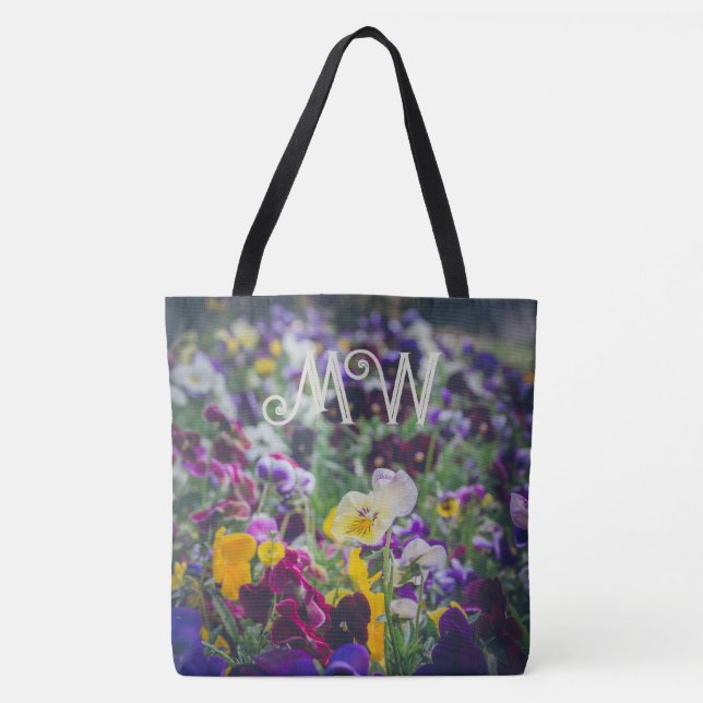 Colourful pansies in bloom in the country garden tote bag (Front)