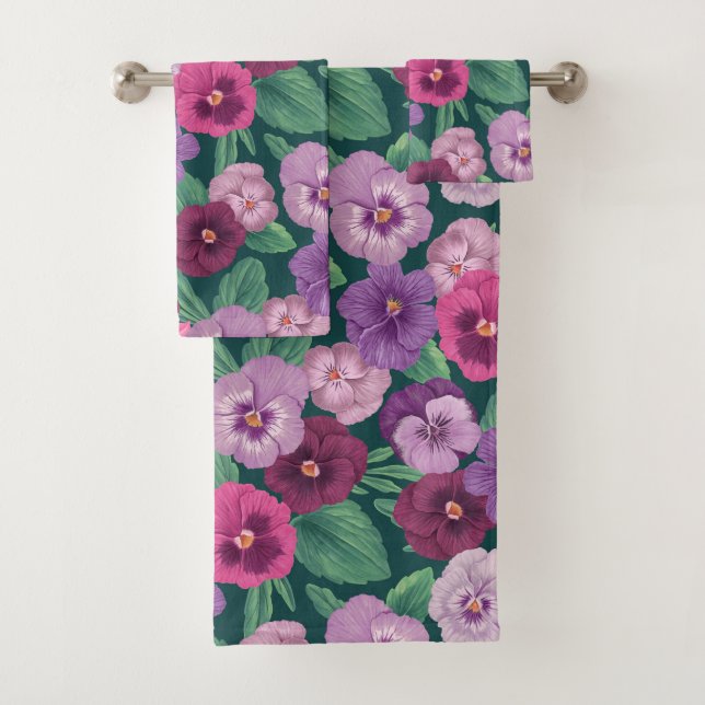 Colourful pansies on dark greenish blue bath towel set (Insitu)