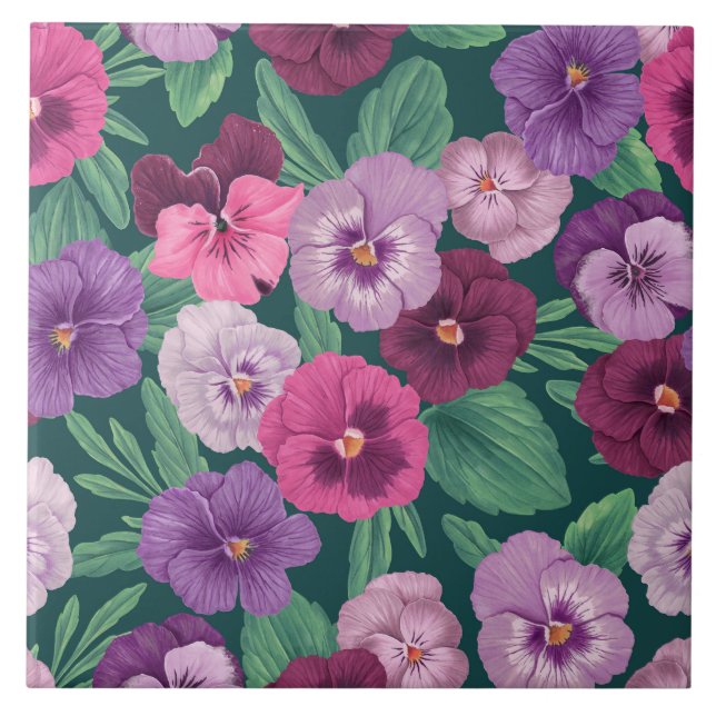 Colourful pansies on dark greenish blue ceramic tile (Front)