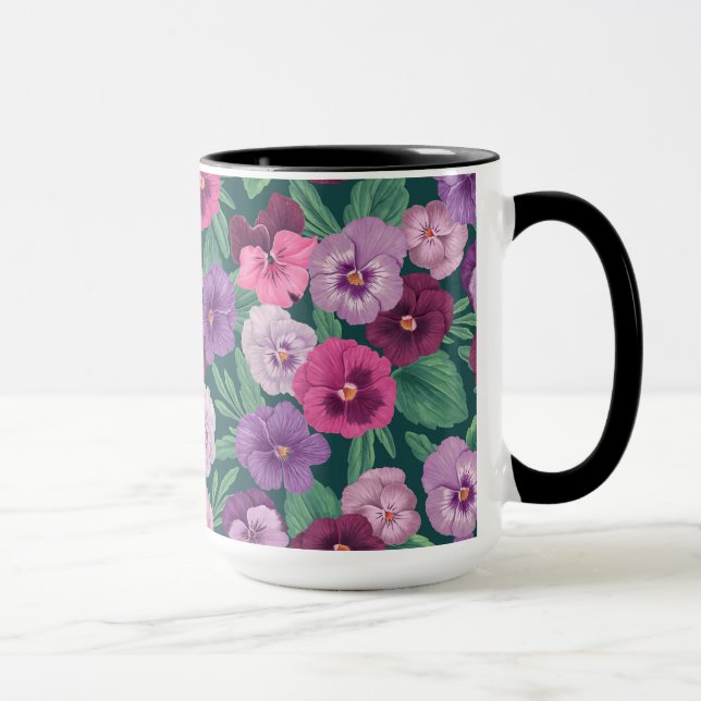 Colourful pansies on dark greenish blue mug (Right)