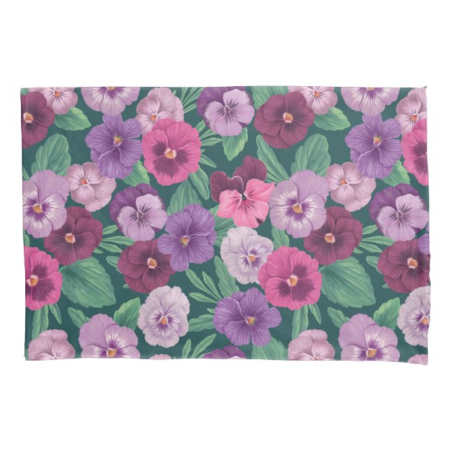 Colourful pansies on dark greenish blue pillowcase (Front-Left)