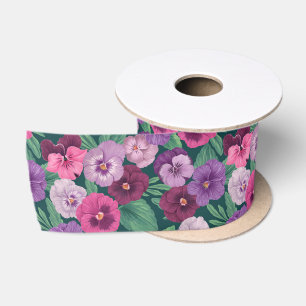 Colourful pansies on dark greenish blue satin ribbon