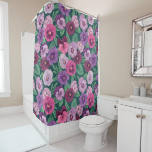 Colourful pansies on dark greenish blue shower curtain