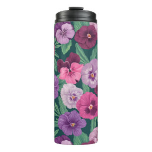 Colourful pansies on dark greenish blue thermal tumbler