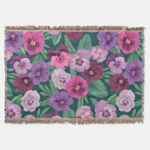 Colourful pansies on dark greenish blue throw blanket