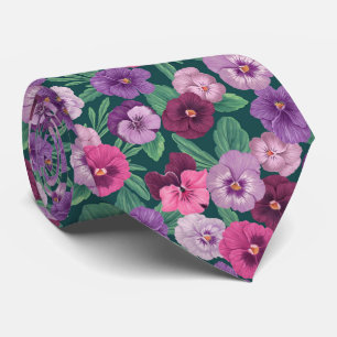 Colourful pansies on dark greenish blue tie
