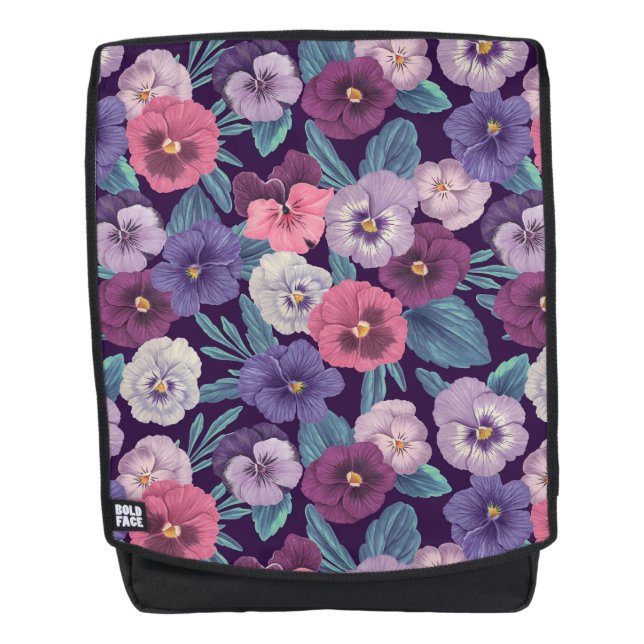 Colourful pansies on deep violet backpack (Front)