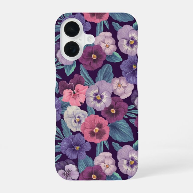 Colourful pansies on deep violet iPhone 16 case (Back)