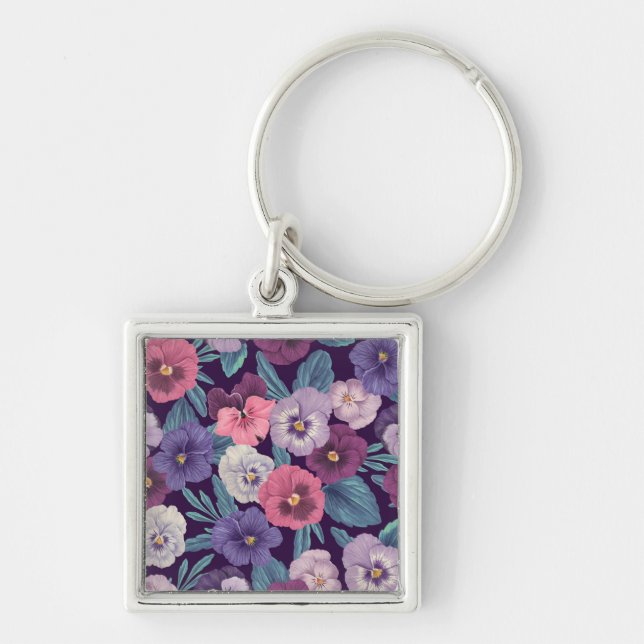 Colourful pansies on deep violet key ring (Front)