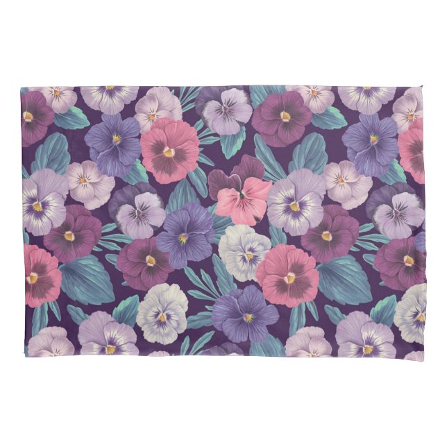 Colourful pansies on deep violet pillowcase (Front-Left)