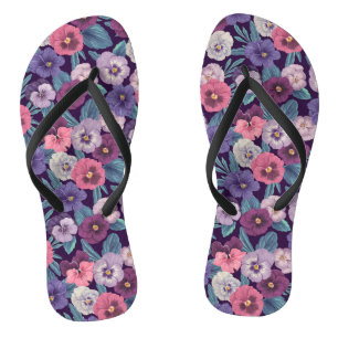 Colourful pansies on deep violet thongs