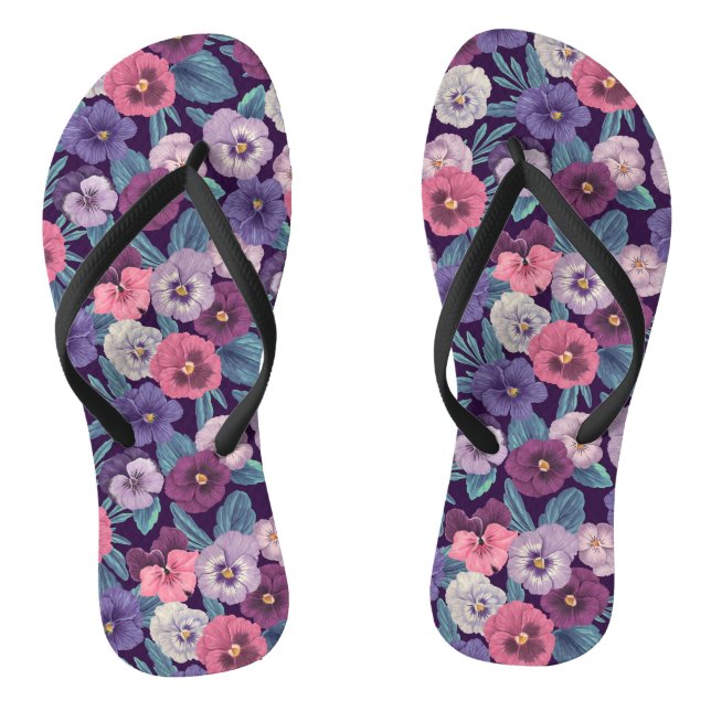 Colourful pansies on deep violet thongs (Footbed)