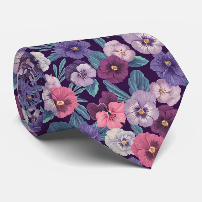 Colourful pansies on deep violet tie (Rolled)